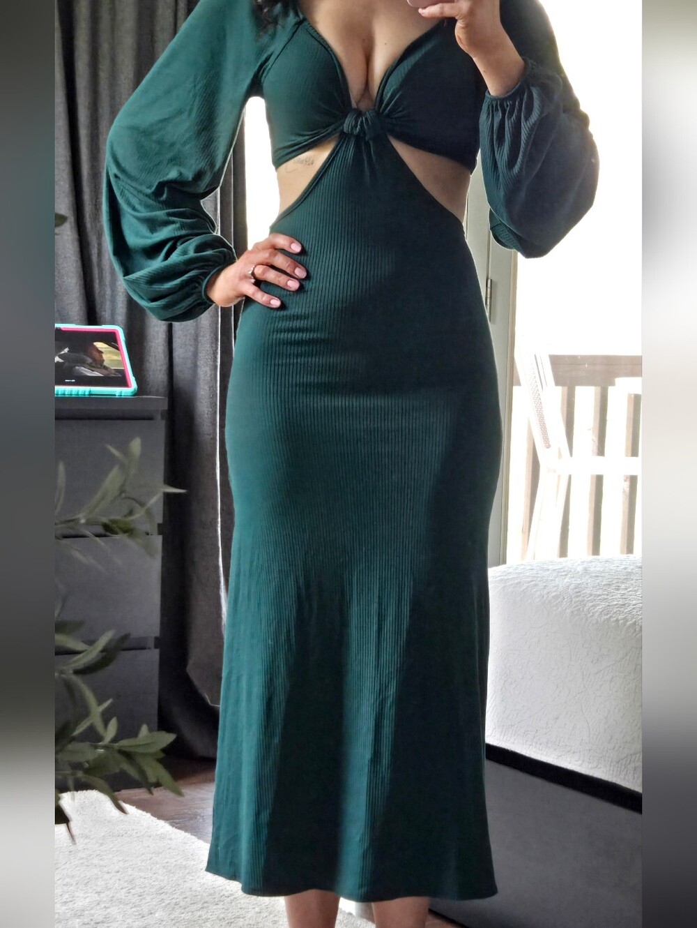 Pink Lily Dark Green Cutout Maxi Dress with Bishop Sleeves